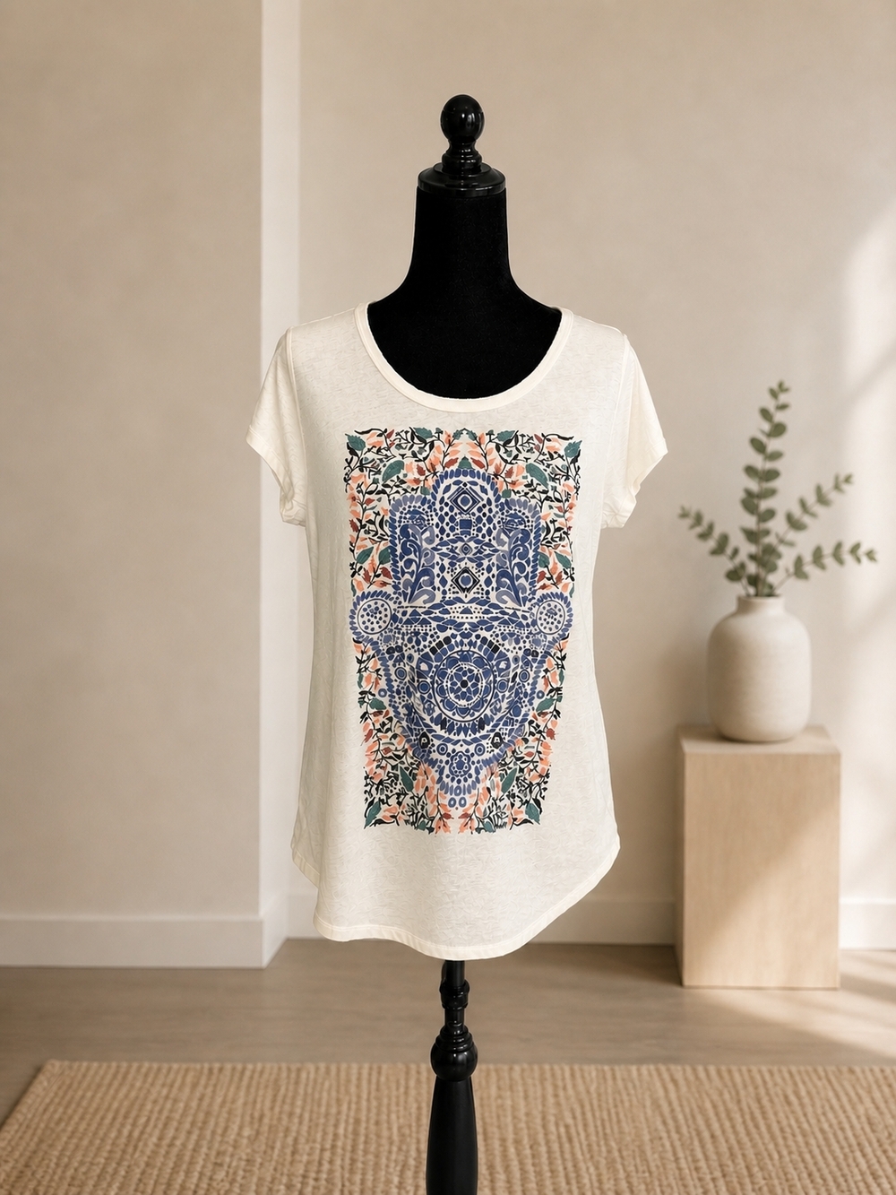 Lucky Brand Cream Tee with Blue Hamsa and Pink Floral Border